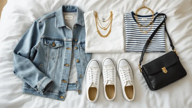 Flat lay of fall student fashion essentials on white linen bedding, featuring a light wash denim jacket, white and striped tees, white sneakers, gold layered necklaces, and a black leather crossbody bag, captured in soft morning light.