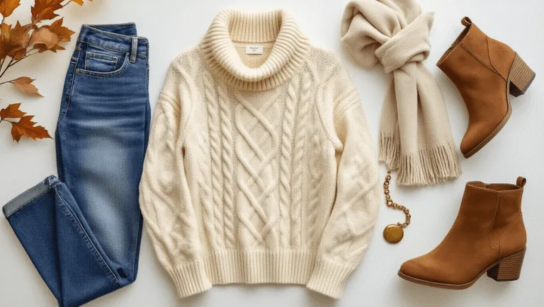Minimalist flat lay of fall wardrobe essentials featuring a cream cable-knit sweater, vintage-wash denim, brown suede ankle boots, and brass jewelry on a clean white background.