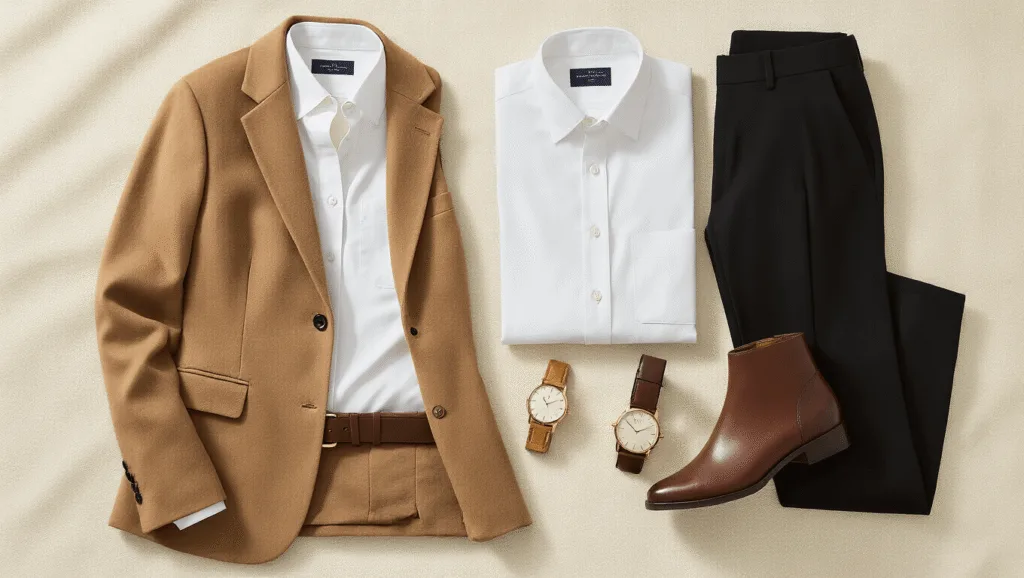 A flatlay of fall workwear essentials including a camel wool blazer, white button-down shirt, black tailored trousers, and leather ankle boots on a cream background, with soft morning light casting shadows, accompanied by a gold watch and leather belt.