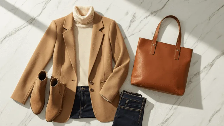 A minimalist flatlay on a white marble desk showcasing a cream turtleneck, camel wool blazer, dark wash jeans, brown leather tote, and suede ankle boots, arranged thoughtfully with soft natural lighting enhancing warm autumn tones and textures.