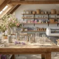 Photorealistic craft studio with vintage wooden workbench, stainless steel and acrylic tumblers, pastel faux flowers, organized supplies, and warm golden hour light streaming through vaulted ceilings.