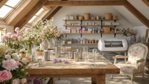 Blooming Brilliance: How to Create Stunning Flower Tumblers Photorealistic craft studio with vintage wooden workbench, stainless steel and acrylic tumblers, pastel faux flowers, organized supplies, and warm golden hour light streaming through vaulted ceilings.