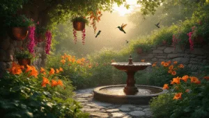 Photorealistic garden at golden hour featuring vibrant flowers, dewdrops, and a copper birdbath, with mist hovering and soft-focus background, shot in ultra-detail.