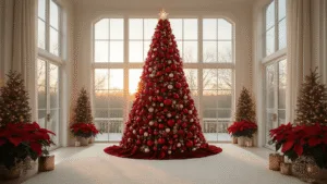 How to Create a Stunning Red Christmas Tree: A Designer's Guide to Festive Elegance Hyperrealistic image of a spacious luxury living room featuring a grand 9-foot Christmas tree adorned with deep crimson velvet ribbons, a mix of red ornaments, and crystal beaded garlands, all illuminated by warm white LED lights, with floor-to-ceiling windows providing golden hour lighting and a backdrop of cream-colored walls and a textured white carpet.