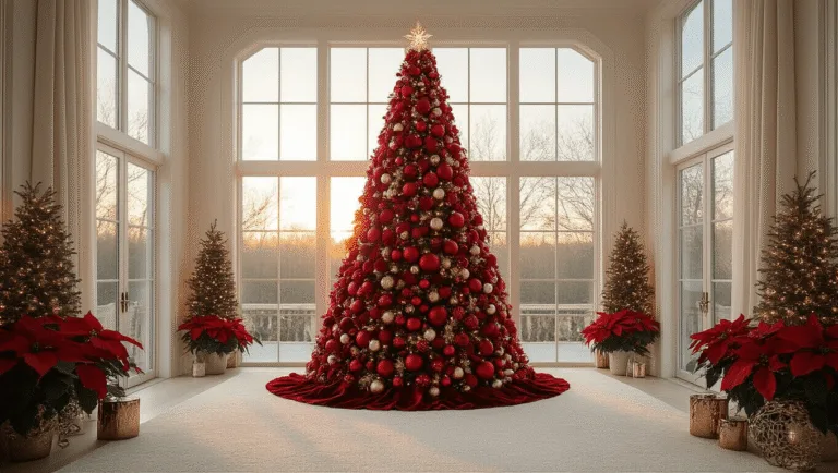 Hyperrealistic image of a spacious luxury living room featuring a grand 9-foot Christmas tree adorned with deep crimson velvet ribbons, a mix of red ornaments, and crystal beaded garlands, all illuminated by warm white LED lights, with floor-to-ceiling windows providing golden hour lighting and a backdrop of cream-colored walls and a textured white carpet.