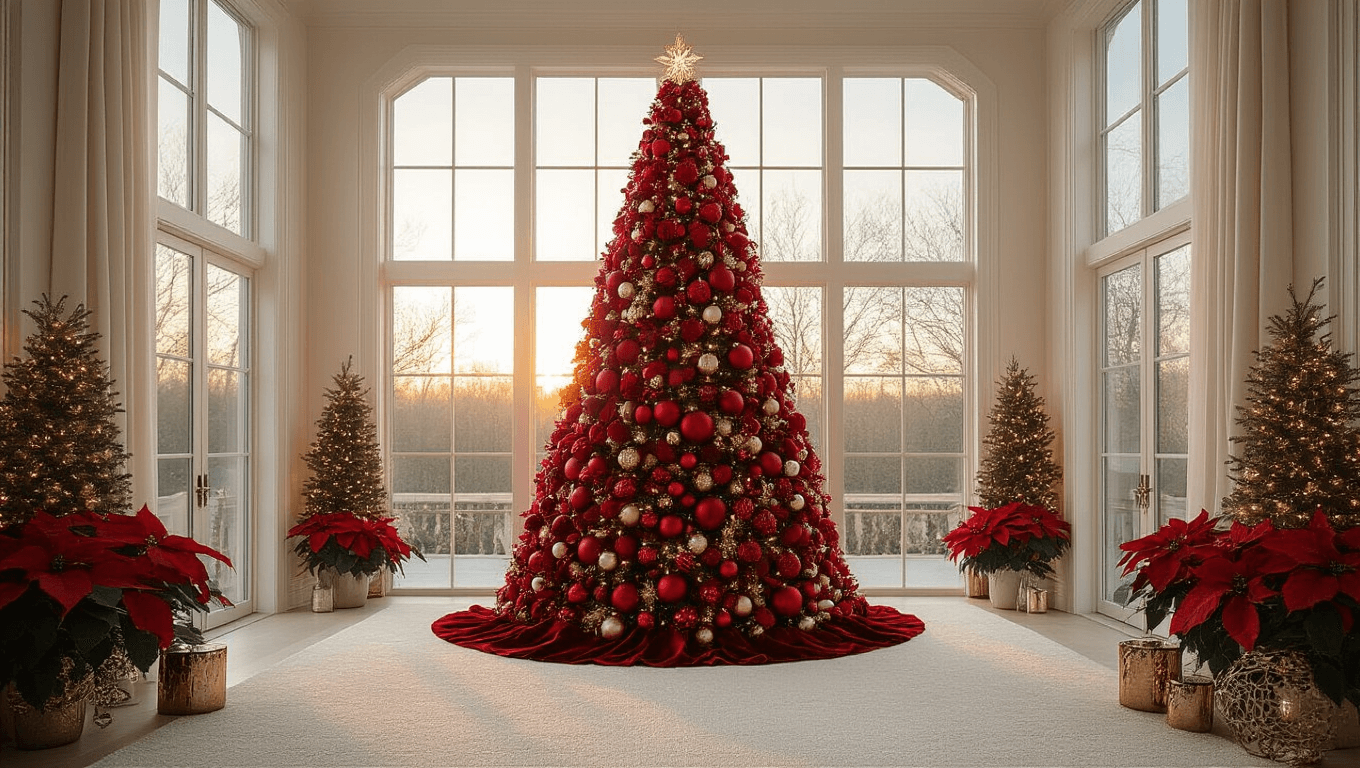 Hyperrealistic image of a spacious luxury living room featuring a grand 9-foot Christmas tree adorned with deep crimson velvet ribbons, a mix of red ornaments, and crystal beaded garlands, all illuminated by warm white LED lights, with floor-to-ceiling windows providing golden hour lighting and a backdrop of cream-colored walls and a textured white carpet.