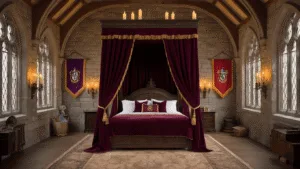 Create Your Own Magical Harry Potter Bedroom: A Spellbinding Design Guide A luxurious Hogwarts Great Hall-inspired bedroom featuring stone walls, Gothic arches, and an enchanted ceiling with floating LED candles, centered around a majestic four-poster bed with house-themed bedding, antique brass sconces, and magical props, all illuminated by warm evening light.