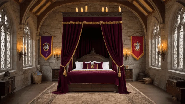 A luxurious Hogwarts Great Hall-inspired bedroom featuring stone walls, Gothic arches, and an enchanted ceiling with floating LED candles, centered around a majestic four-poster bed with house-themed bedding, antique brass sconces, and magical props, all illuminated by warm evening light.