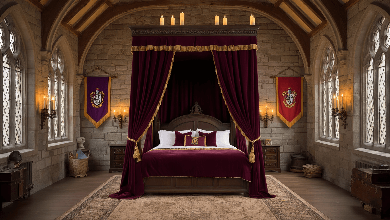 A luxurious Hogwarts Great Hall-inspired bedroom featuring stone walls, Gothic arches, and an enchanted ceiling with floating LED candles, centered around a majestic four-poster bed with house-themed bedding, antique brass sconces, and magical props, all illuminated by warm evening light.