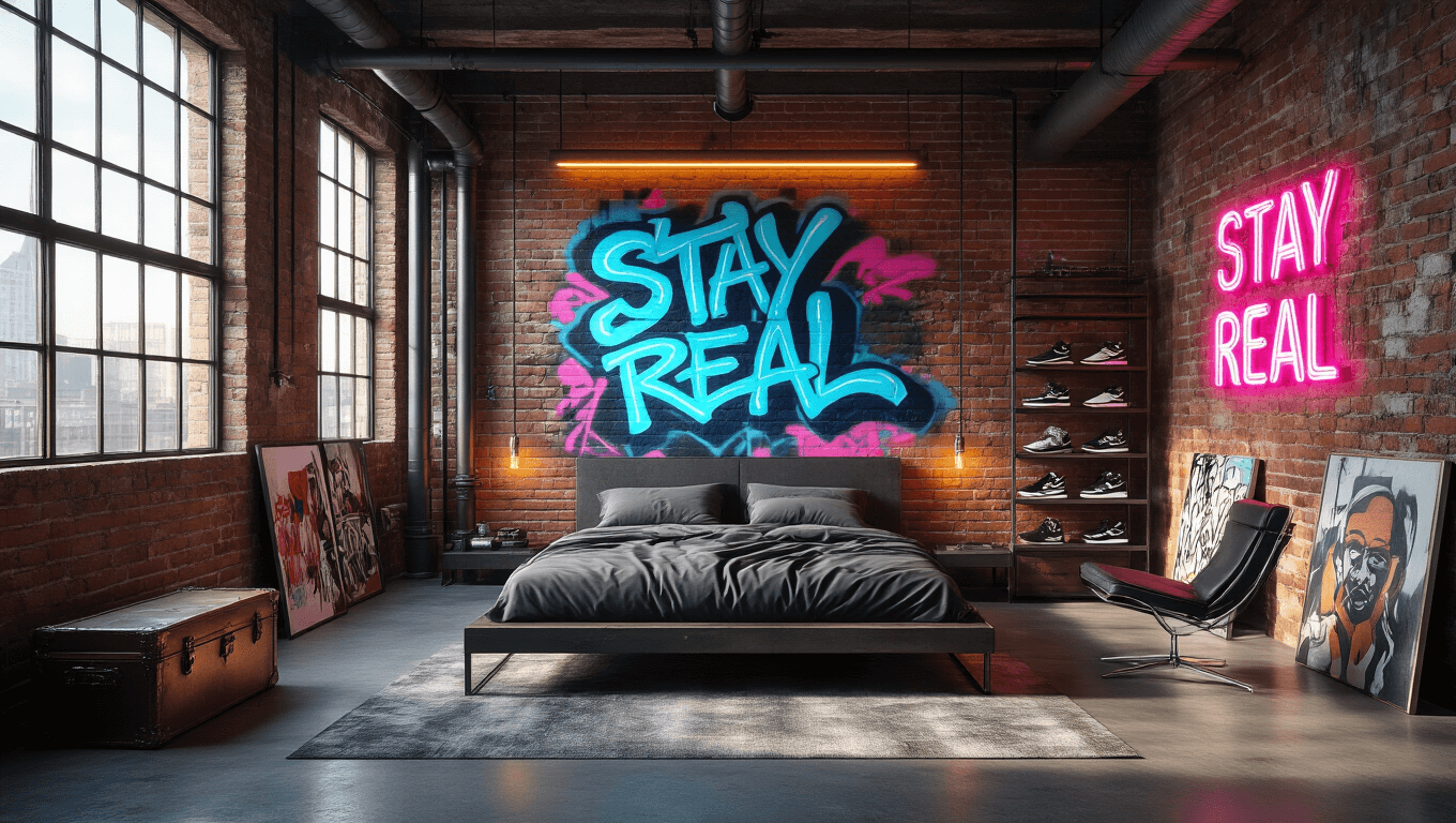 A hyperrealistic wide-angle photo of an edgy urban loft bedroom featuring exposed brick walls, polished concrete floors, an industrial metal platform bed, and a vibrant graffiti mural. The room is illuminated by golden hour sunlight streaming through floor-to-ceiling factory windows, with matte black pipe shelving, a vintage trunk, and a chrome accent chair beneath a neon sign.