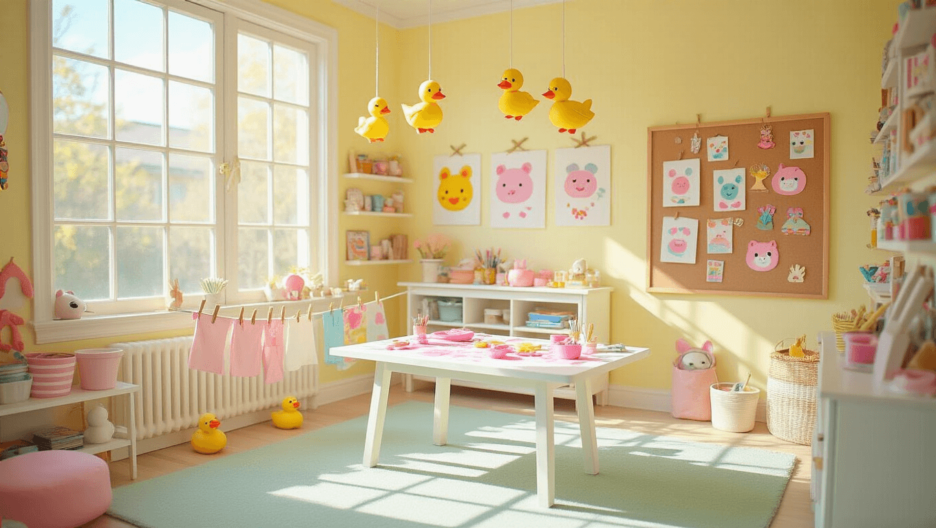A vibrant, sunlit playroom showcasing a central craft table covered in pink paint and art supplies, with origami ducks hanging from the ceiling and footprint piggies drying on a clothesline, surrounded by colorful handprints on pale yellow walls and a mint green carpet. Soft natural light illuminates the space, highlighting an organized chaos of creative supplies and decorative elements.