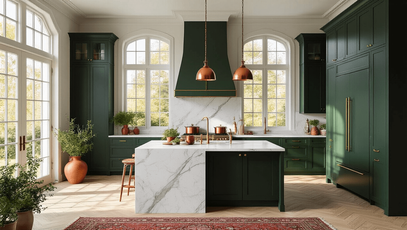 Photorealistic modern kitchen with forest green cabinets and brass hardware, featuring a Carrara marble waterfall island, natural light from floor-to-ceiling windows, and white herringbone oak floors, styled with copper cookware and fresh herbs, captured during golden hour.