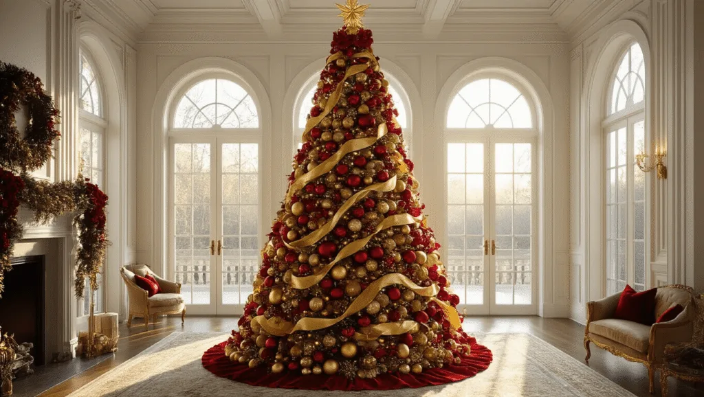 Red and Gold Christmas Tree Decorations: A Timeless Holiday Styling Guide A grand 12-foot Christmas tree adorned with deep crimson baubles and antiqued gold ornaments, set in a sunlit traditional living room with coffered ceilings, featuring warm golden hour lighting and a vintage-inspired gold tree topper.