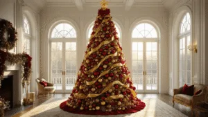 Red and Gold Christmas Tree Decorations: A Timeless Holiday Styling Guide A grand 12-foot Christmas tree adorned with deep crimson baubles and antiqued gold ornaments, set in a sunlit traditional living room with coffered ceilings, featuring warm golden hour lighting and a vintage-inspired gold tree topper.