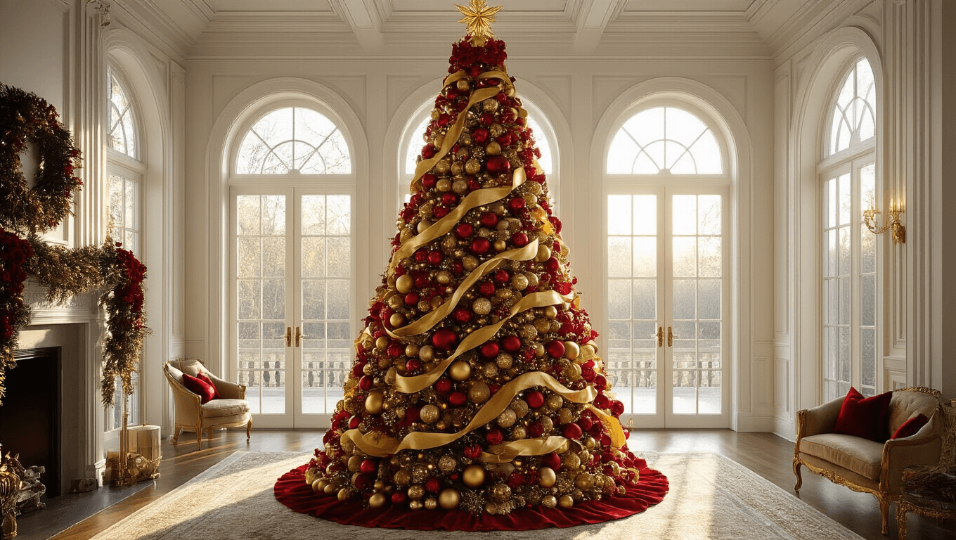 A grand 12-foot Christmas tree adorned with deep crimson baubles and antiqued gold ornaments, set in a sunlit traditional living room with coffered ceilings, featuring warm golden hour lighting and a vintage-inspired gold tree topper.