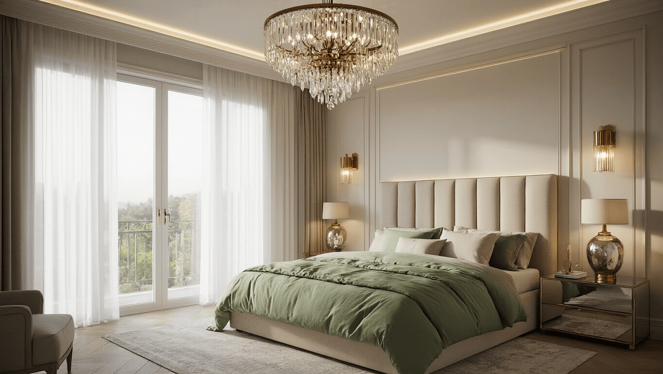 Luxurious master bedroom at golden hour featuring sage green and cream bedding, illuminated by a brass chandelier and wall sconces, with sheer curtains and a reading nook.