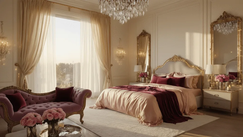 Romantic Bedroom Design: Transform Your Space into a Dreamy Sanctuary of Love Cinematic wide-angle view of a luxurious master bedroom during golden hour, featuring a plush king-sized bed, sheer curtains, and elegant decor with fresh flowers, creating an intimate and opulent ambiance.