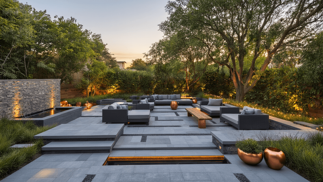 Aerial view of a luxurious backyard oasis at golden hour, featuring a multi-level gray composite deck, tranquil water feature with negative edge, modern minimalist furniture, ambient lighting, and a contemporary stone fire pit, all enhanced by dramatic lighting and layered textures.