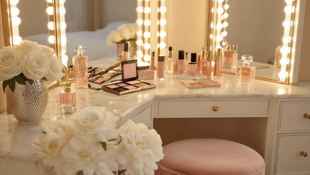Bedroom Vanity Ideas: Transform Your Space with Style and Functionality Elegant bedroom vanity corner with Hollywood tri-fold mirror, warm LED lighting, marble-topped surface, plush pink ottoman, crystal perfume bottles, and white roses in a mercury glass vase, captured in dreamy golden hour light.