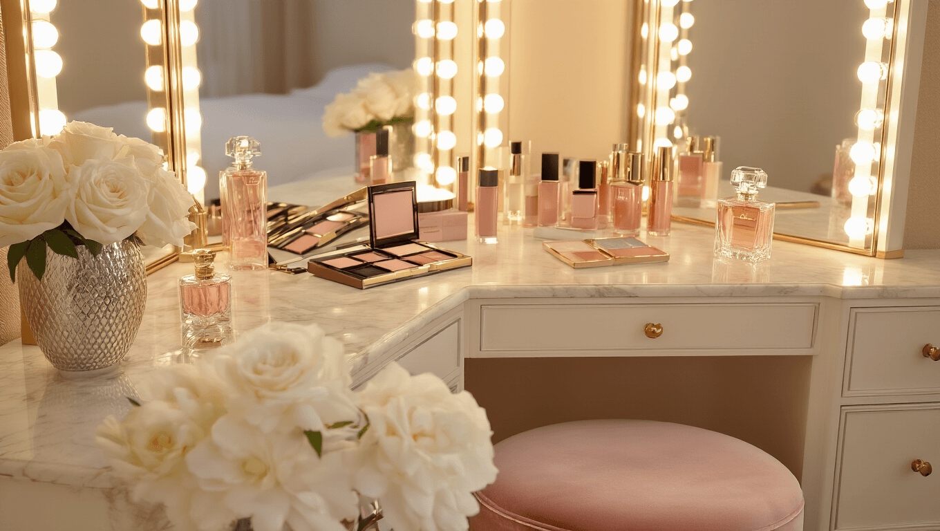 Elegant bedroom vanity corner with Hollywood tri-fold mirror, warm LED lighting, marble-topped surface, plush pink ottoman, crystal perfume bottles, and white roses in a mercury glass vase, captured in dreamy golden hour light.