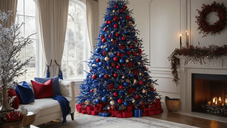A luxurious living room featuring a 9-foot Christmas tree decorated in navy blue and deep crimson, with warm lighting, a plush navy velvet sofa, and an ornate gold mirror above a limestone fireplace.
