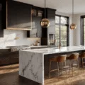 Photorealistic luxury kitchen with espresso-stained cabinetry, Calacatta marble island, and warm brass accents, illuminated by natural light during golden hour.