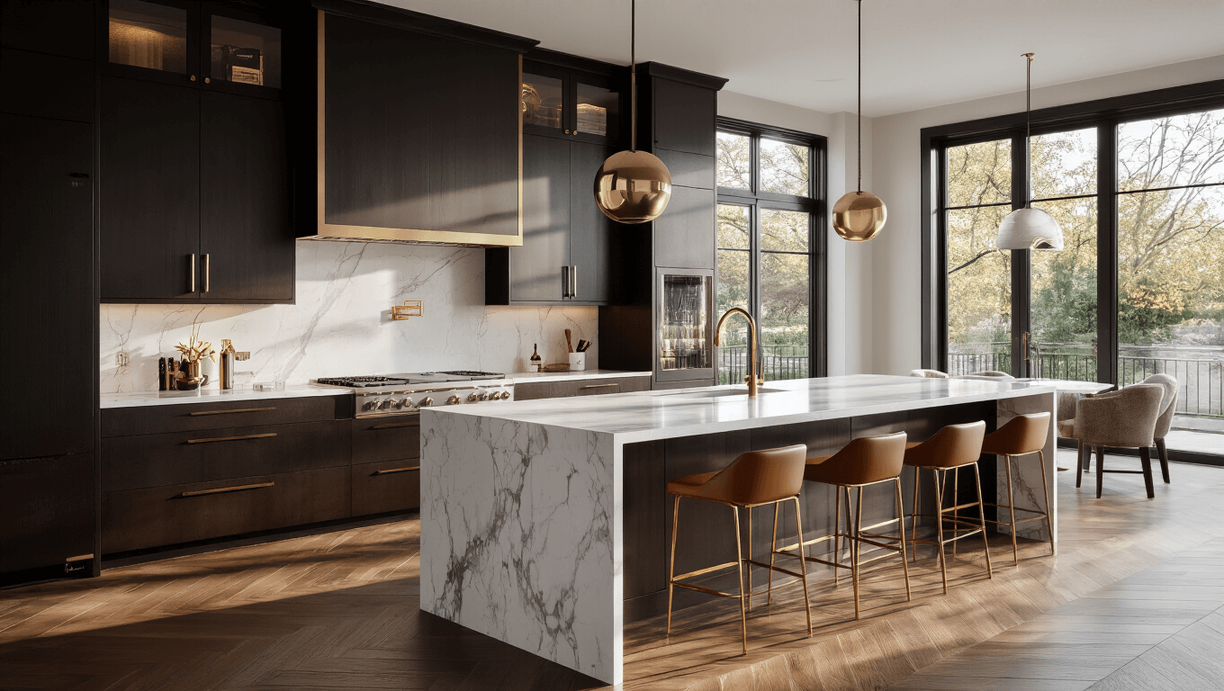 Photorealistic luxury kitchen with espresso-stained cabinetry, Calacatta marble island, and warm brass accents, illuminated by natural light during golden hour.