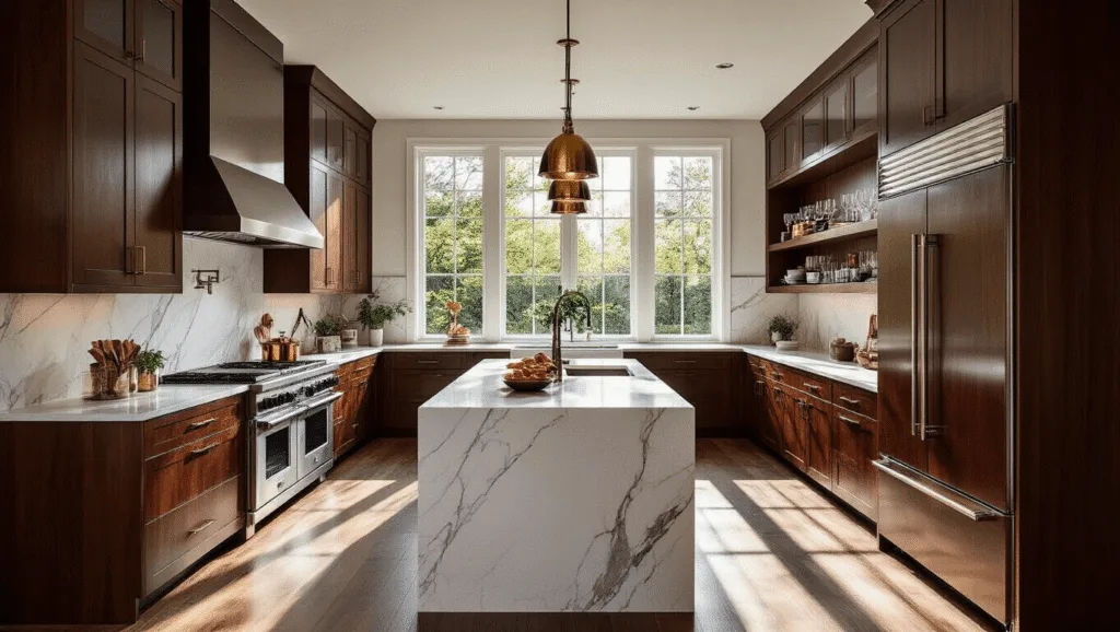 Cinematic wide-angle shot of a luxurious kitchen featuring rich cherry wood cabinets, a white Carrara marble waterfall island, polished stainless steel appliances, and brass pendant lights, illuminated by natural sunlight through large windows, showcasing elegant design and sophisticated warmth.