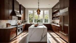 Dark Wood Kitchen Cabinets: A Sophisticated Design Statement Cinematic wide-angle shot of a luxurious kitchen featuring rich cherry wood cabinets, a white Carrara marble waterfall island, polished stainless steel appliances, and brass pendant lights, illuminated by natural sunlight through large windows, showcasing elegant design and sophisticated warmth.