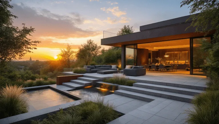 Hyperrealistic architectural photograph of a luxurious multi-level garden terrace at sunset, featuring limestone steps, Corten steel walls, modern seating, and lush plantings, with dramatic lighting and water features.