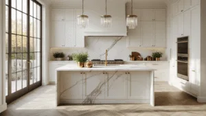 Off White Kitchen Cabinets: The Ultimate Guide to Timeless, Versatile Elegance Photorealistic high-end kitchen interior with off-white shaker cabinets, brass hardware, a waterfall marble island, stainless steel appliances, herringbone oak floors, and natural light from floor-to-ceiling windows, featuring copper planters and artisanal ceramics.