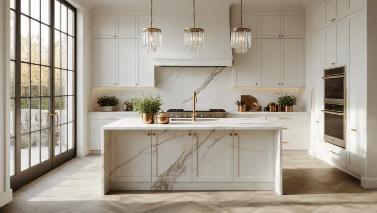 Photorealistic high-end kitchen interior with off-white shaker cabinets, brass hardware, a waterfall marble island, stainless steel appliances, herringbone oak floors, and natural light from floor-to-ceiling windows, featuring copper planters and artisanal ceramics.
