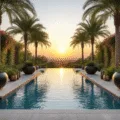 Photorealistic wide-angle shot of an elegant infinity pool at golden hour, featuring oversized planters filled with succulents and grasses, surrounded by palm trees and vibrant bougainvillea and hibiscus, with ambient lighting creating a luxurious atmosphere.