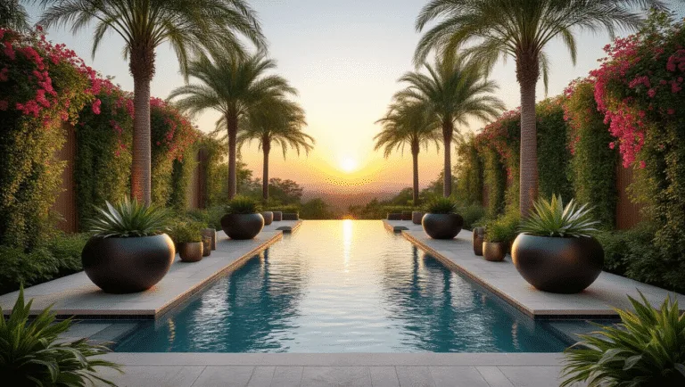 Photorealistic wide-angle shot of an elegant infinity pool at golden hour, featuring oversized planters filled with succulents and grasses, surrounded by palm trees and vibrant bougainvillea and hibiscus, with ambient lighting creating a luxurious atmosphere.