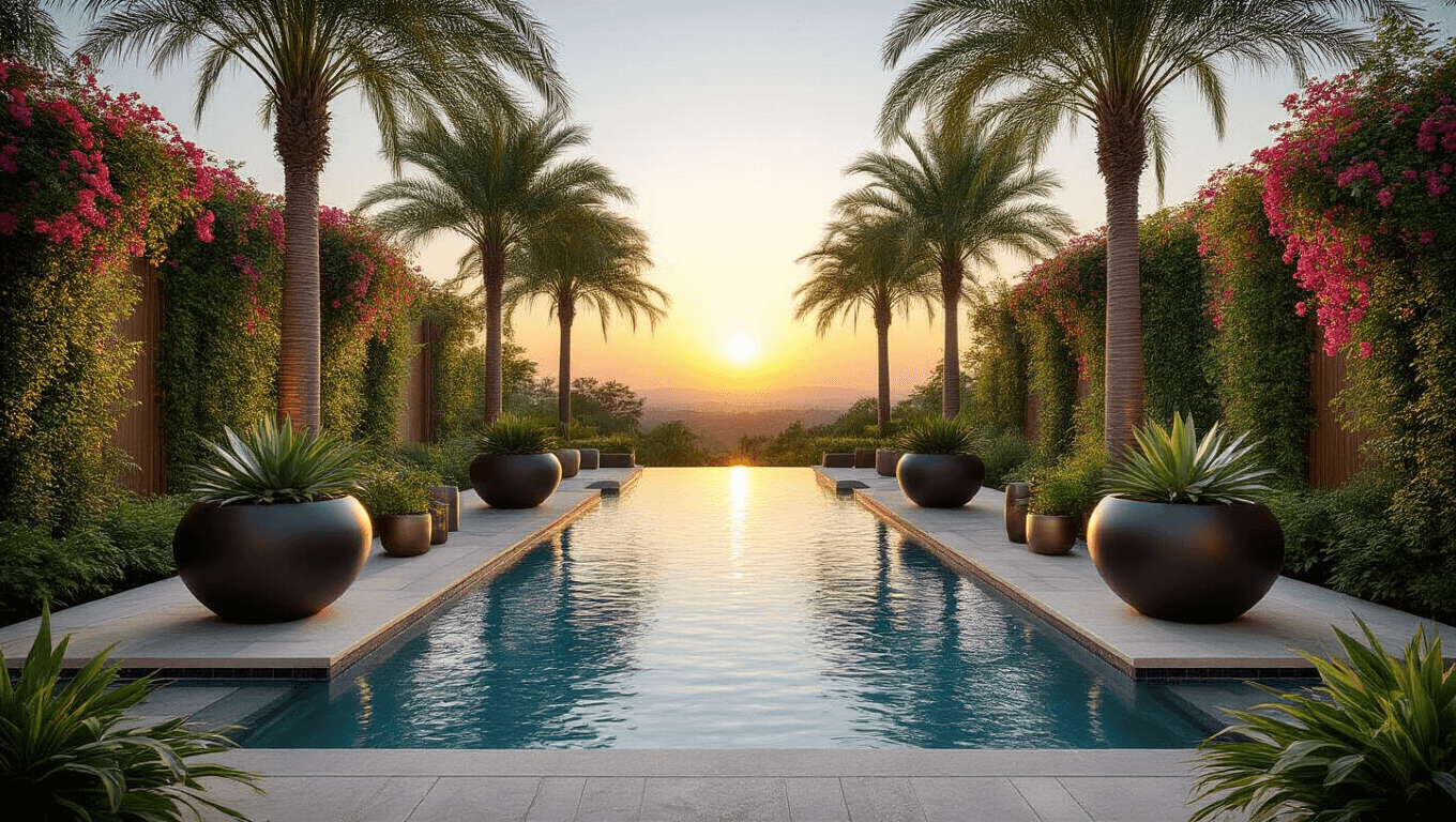 Photorealistic wide-angle shot of an elegant infinity pool at golden hour, featuring oversized planters filled with succulents and grasses, surrounded by palm trees and vibrant bougainvillea and hibiscus, with ambient lighting creating a luxurious atmosphere.