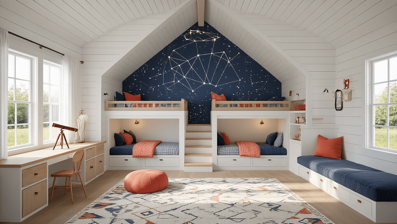 A photorealistic interior shot of a whimsical grandkids' bunk room featuring custom L-shaped built-in bunks, vaulted shiplap walls, and a geometric constellation wallpaper accent wall, with soft morning sunlight filtering through sheer white curtains and adventure-themed decor, including a vintage telescope and a fiber optic star installation.
