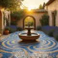Photorealistic wide-angle view of a sunlit Mediterranean courtyard garden featuring intricate mosaic pathways, a weathered stone fountain, and vibrant terra cotta planters filled with lavender and rosemary, against textured stucco walls reflecting golden light.