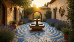 Mosaic Garden Magic: Transform Your Outdoor Space with Colorful Art Photorealistic wide-angle view of a sunlit Mediterranean courtyard garden featuring intricate mosaic pathways, a weathered stone fountain, and vibrant terra cotta planters filled with lavender and rosemary, against textured stucco walls reflecting golden light.