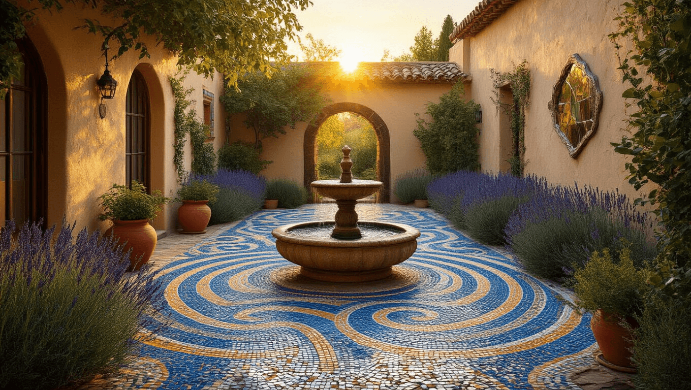Photorealistic wide-angle view of a sunlit Mediterranean courtyard garden featuring intricate mosaic pathways, a weathered stone fountain, and vibrant terra cotta planters filled with lavender and rosemary, against textured stucco walls reflecting golden light.