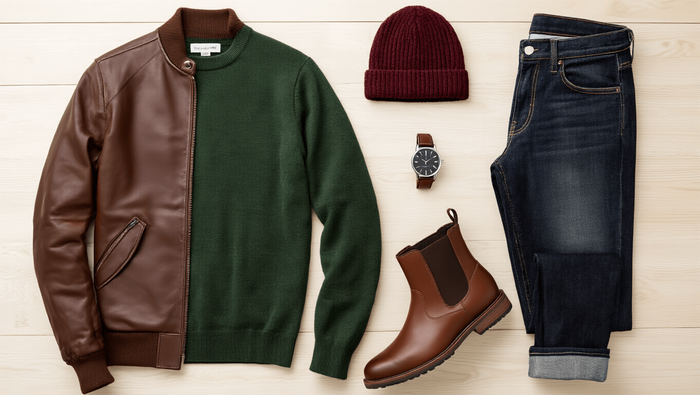 Flat lay of men's fall fashion essentials on a light wooden surface, featuring a brown leather bomber jacket, forest green merino wool sweater, dark wash denim jeans, brown leather Chelsea boots, burgundy knit beanie, and a silver watch, all arranged with natural lighting and shadows, evoking a sophisticated autumn vibe.
