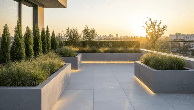 DIY Planter Boxes: Transform Your Space with Custom Garden Design A hyper-realistic photo of a minimalist rooftop terrace at golden hour, featuring geometric concrete planter boxes in cool grey, filled with architectural plants, with a glass balustrade and urban skyline in the soft bokeh background.