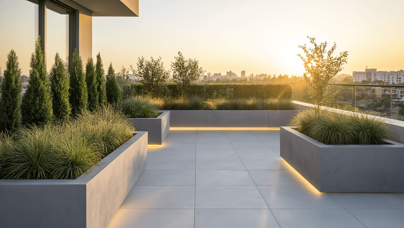 A hyper-realistic photo of a minimalist rooftop terrace at golden hour, featuring geometric concrete planter boxes in cool grey, filled with architectural plants, with a glass balustrade and urban skyline in the soft bokeh background.