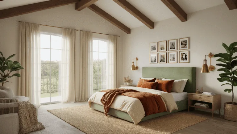 Photorealistic image of a modern bedroom sanctuary featuring a queen-sized platform bed with a sage green headboard, layered bedding, and warm golden hour lighting streaming through floor-to-ceiling windows, accented by a handwoven jute rug, a fiddle leaf fig plant, and personal photographs on a gallery wall.