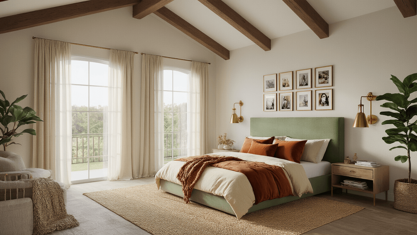 Photorealistic image of a modern bedroom sanctuary featuring a queen-sized platform bed with a sage green headboard, layered bedding, and warm golden hour lighting streaming through floor-to-ceiling windows, accented by a handwoven jute rug, a fiddle leaf fig plant, and personal photographs on a gallery wall.