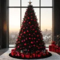 A luxurious modern living room featuring an 8-foot black Christmas tree adorned with glossy and matte red ornaments, black velvet ribbons, and golden hour light streaming through large windows, with a plush cream sectional and black marble fireplace in a sophisticated composition.