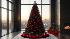 Black Christmas Tree with Red Decorations: A Bold and Dramatic Holiday Statement A luxurious modern living room featuring an 8-foot black Christmas tree adorned with glossy and matte red ornaments, black velvet ribbons, and golden hour light streaming through large windows, with a plush cream sectional and black marble fireplace in a sophisticated composition.
