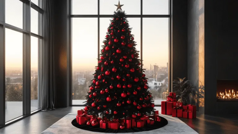 A luxurious modern living room featuring an 8-foot black Christmas tree adorned with glossy and matte red ornaments, black velvet ribbons, and golden hour light streaming through large windows, with a plush cream sectional and black marble fireplace in a sophisticated composition.