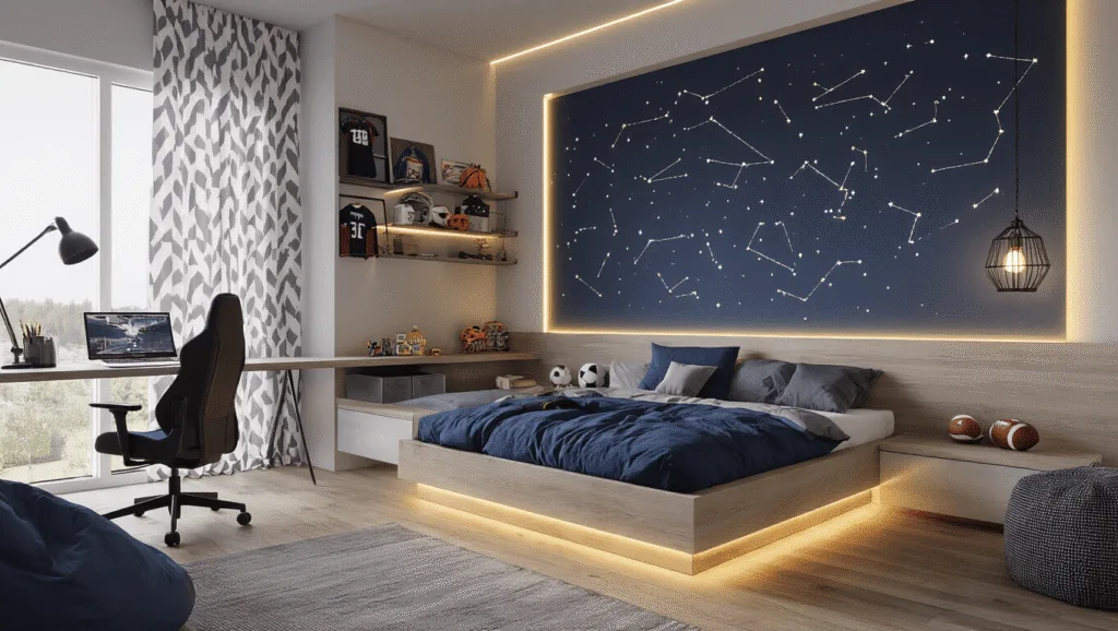 A wide-angle shot of a modern boy's bedroom featuring a raised platform bed with navy blue and grey bedding against a constellation-themed wall, a minimalist desk with a gaming chair, a cozy reading nook with a bean bag, and modular storage solutions, all illuminated by warm LED lighting during golden hour.