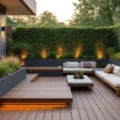 Photorealistic image of a luxurious modern deck garden at golden hour, featuring layered graphite planters, IPE hardwood decking, and abundant greenery with contemporary outdoor furniture, illuminated by copper lanterns and soft LED uplighting.