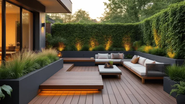 Photorealistic image of a luxurious modern deck garden at golden hour, featuring layered graphite planters, IPE hardwood decking, and abundant greenery with contemporary outdoor furniture, illuminated by copper lanterns and soft LED uplighting.